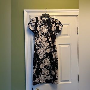 NWT Calvin Klein dress size 2 dark navy white gray floral sheath puff sleeves.